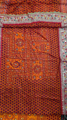 MIJAAT Pahadi Short Pichoda Stole | Georgette Chicken Fabric | Dark Green Katdani Border with Red-Orange Diamond Threadwork