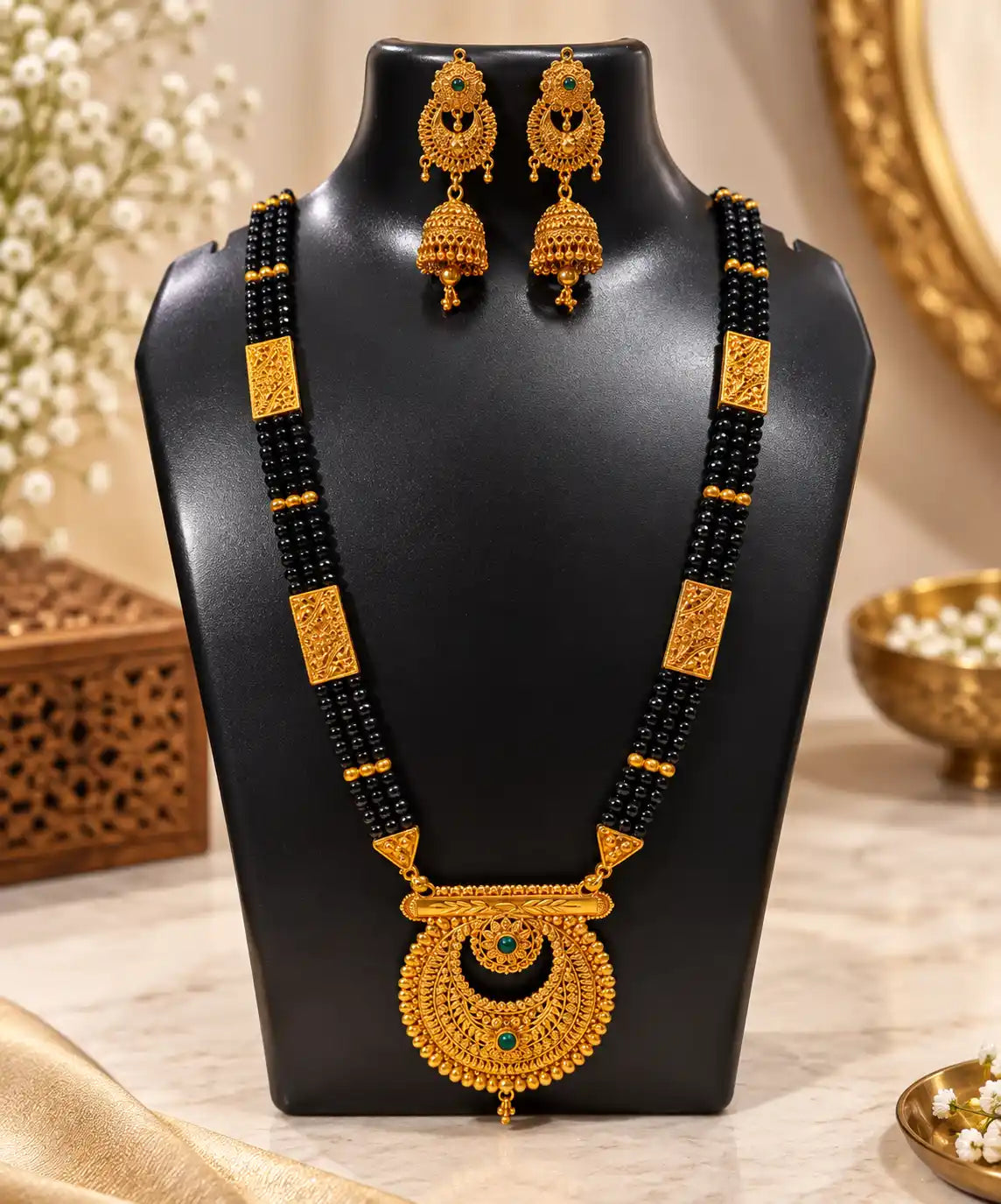 Pahadi Mangalsutra & Chandbali Jhumka Combo – 3 Line Black Bead with Crescent Pendant, Green Stone & Real Gold Look | Mijaat