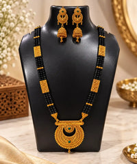 Pahadi Mangalsutra & Chandbali Jhumka Combo – 3 Line Black Bead with Crescent Pendant, Green Stone & Real Gold Look | Mijaat