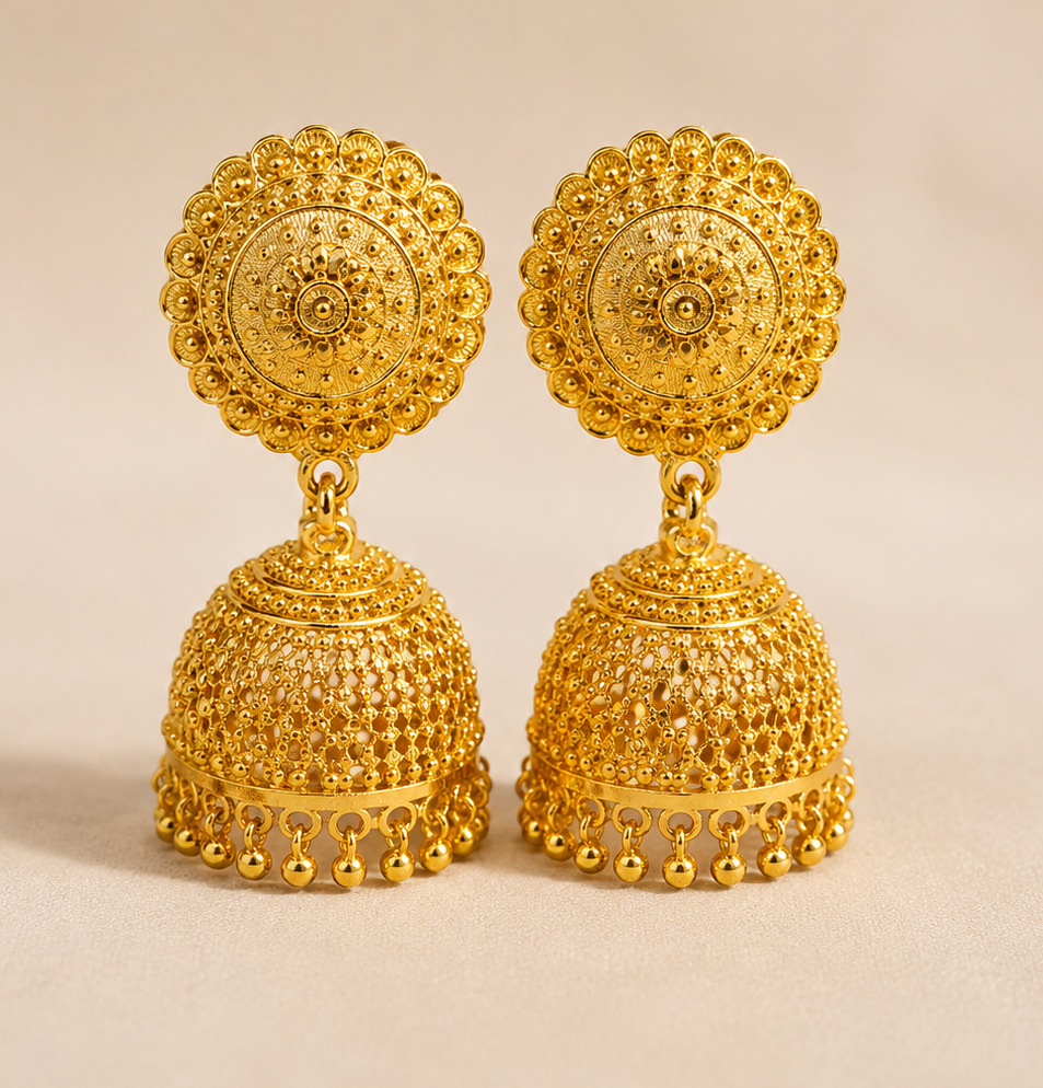 Royal Filigree Jhumka Earrings – Traditional Gold-Tone  Earrings for Women