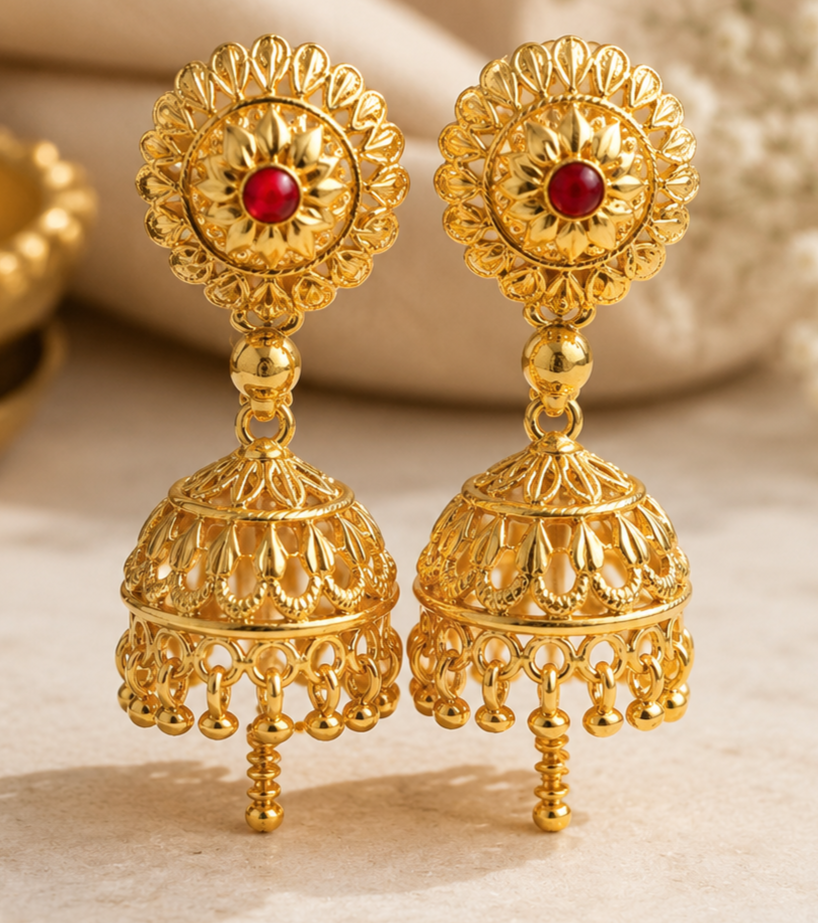 Pahadi Surya Jhumki – Traditional Uttarakhand Gold-Tone  Earrings