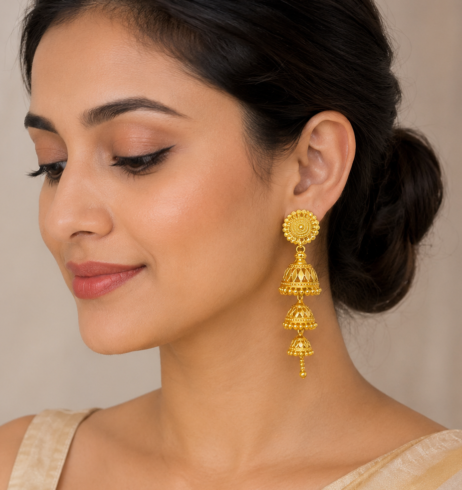 Royal Triple Layer Jhumka  – Traditional Gold-Tone Long Ethnic Earrings
