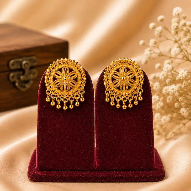 Gold-Tone Floral Jhumki Earrings | Traditional Pahadi Kumaoni Studs with Ghungroo Drops