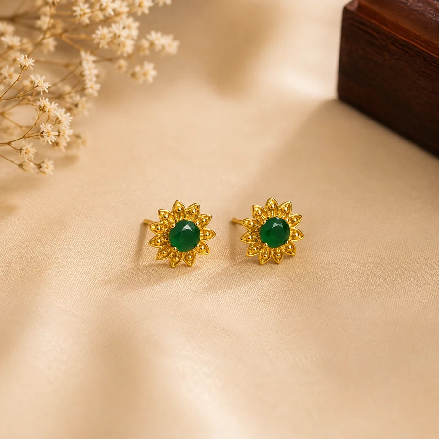 Gold-Tone Green Stone Sunflower Stud Earrings | MIJAAT