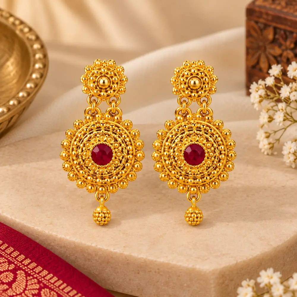 Pahadi Round Jhumke – Gold Finish Granulation Earrings with Red Stone & Ghungroo Drop | Mijaat