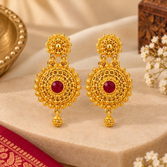 Pahadi Round Jhumke – Gold Finish Granulation Earrings with Red Stone & Ghungroo Drop | Mijaat