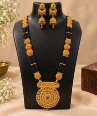 Heavy Pahadi Mangalsutra & Chandbali Jhumka Combo – 4 Line Black Bead with Floral Disc Chain, Spiral Pendant & Green Stone | Mijaat