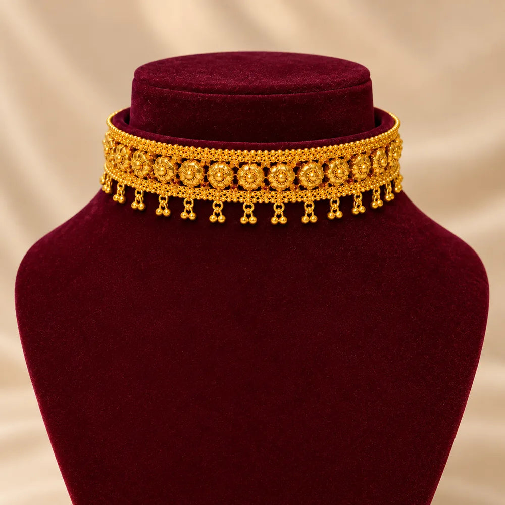 Pahadi Galoband – Maroon Velvet Base with Gold Floral Granulation & Ghungroo Drops | Mijaat
