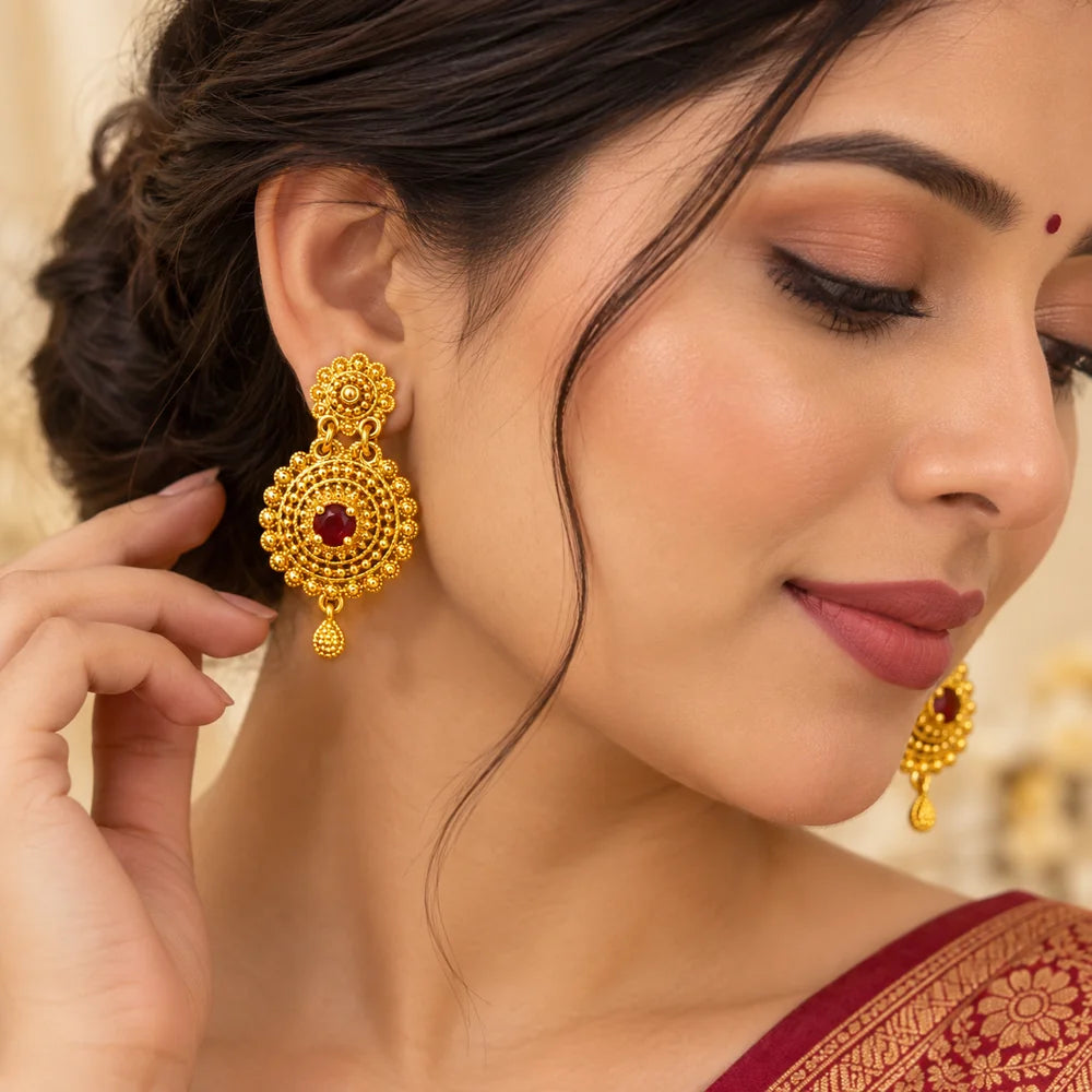 Pahadi Round Jhumke – Gold Finish Granulation Earrings with Red Stone & Ghungroo Drop | Mijaat