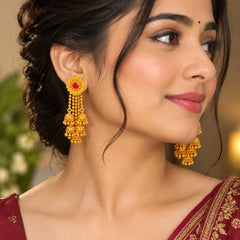 Pahadi Triple Jhumka – Gold Finish Floral Stud with Red Stone & Stacked Ghungroo Drops