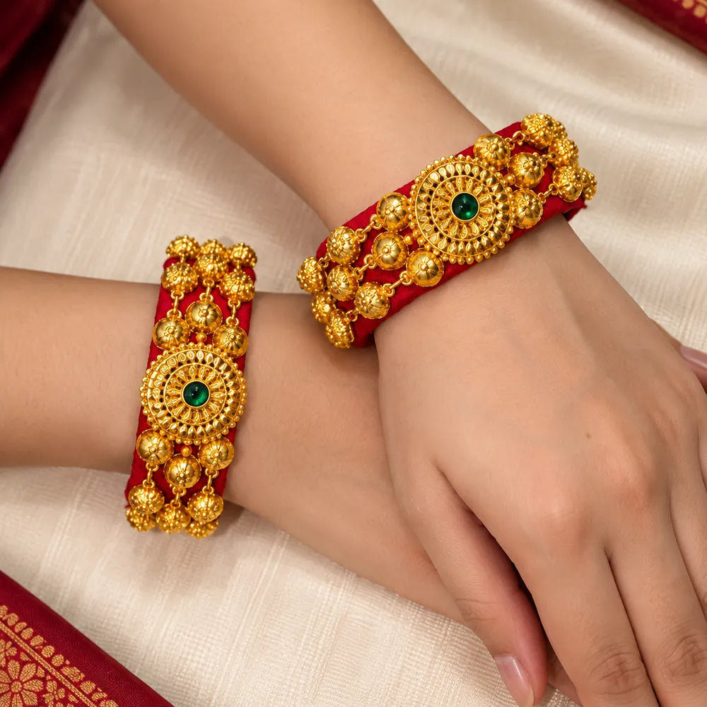 Traditional Pahadi Pauchi – Red Thread Green Stone Gold Bead