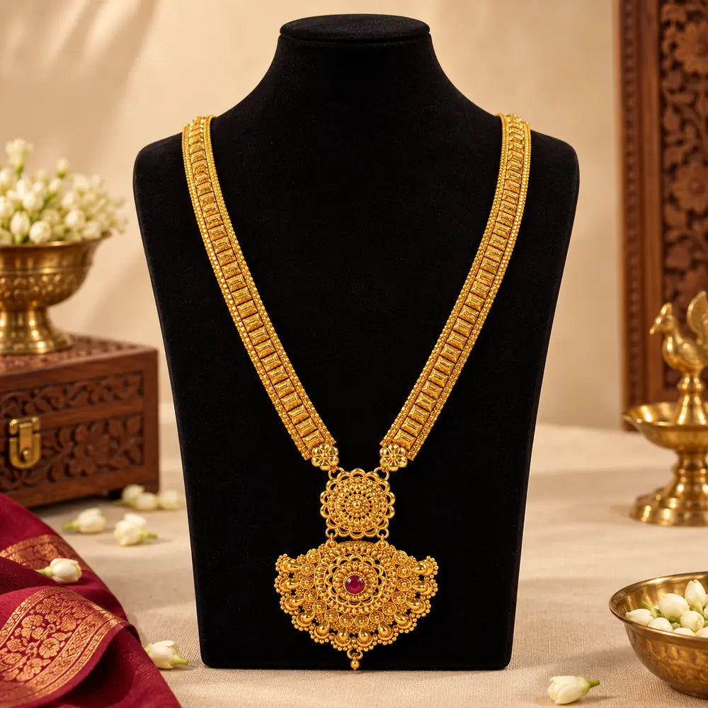 Pahadi Long Haar – Heavy Gold Box Chain with Two-Tier Mandala Pendant & Red Stone | Mijaat