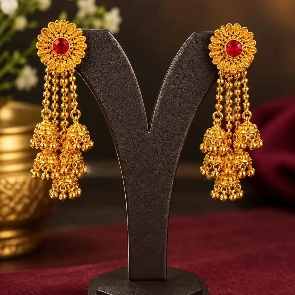 Pahadi Triple Jhumka – Gold Finish Floral Stud with Red Stone & Stacked Ghungroo Drops