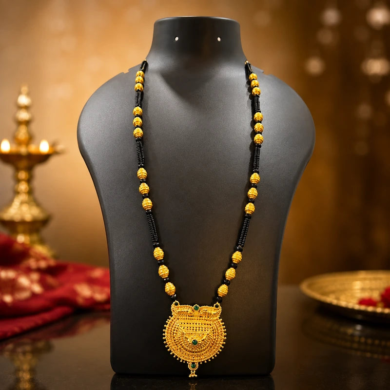Long Gold Beaded Pahadi Mangalsutra | Premium Kumaoni Matarmala with Green Stone Pendant