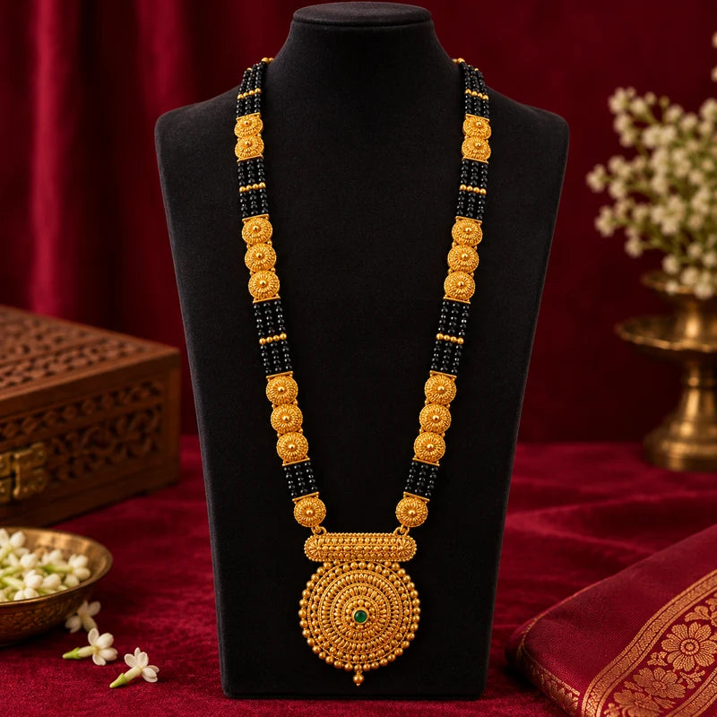 Heavy Pahadi Mangalsutra – 4 Line Black Bead Chain with Large Gold Granulation Pendant & Green Stone | Mijaat