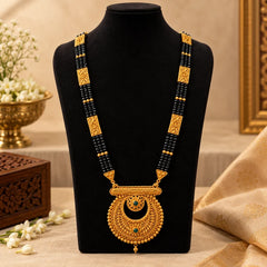 Heavy Pahadi Mangalsutra – 3 Line Black Bead Chain with Gold Filigree Spacers & Crescent Moon Pendant | Mijaat