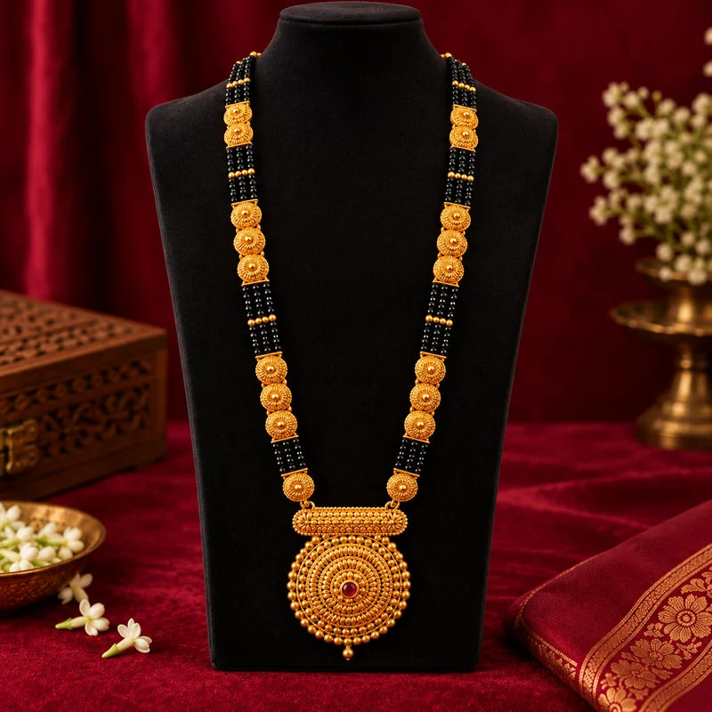 Heavy Pahadi Mangalsutra – 4 Line Black Bead Chain with Large Gold Granulation Pendant & Red Stone | Mijaat
