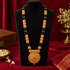 Heavy Pahadi Mangalsutra & Chandbali Jhumka Combo – 4 Line Black Bead with Spiral Filigree Pendant & Real Gold Look | Mijaat