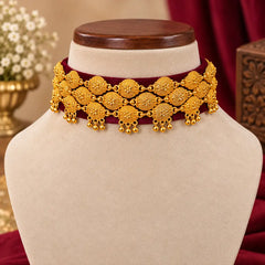 Pahadi Pooji Style Galoband & Earrings Combo – Maroon Velvet Base with Gold Dome Discs & Maroon Stone Studs | Mijaat