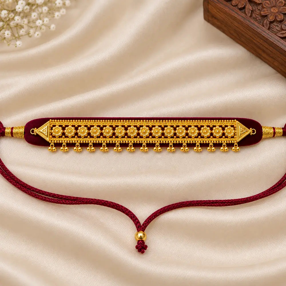 Pahadi Galoband – Maroon Velvet Base with Gold Floral Granulation & Ghungroo Drops | Mijaat