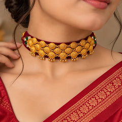 Pahadi Pooji Style Galoband & Earrings Combo – Maroon Velvet Base with Gold Dome Discs & Maroon Stone Studs | Mijaat