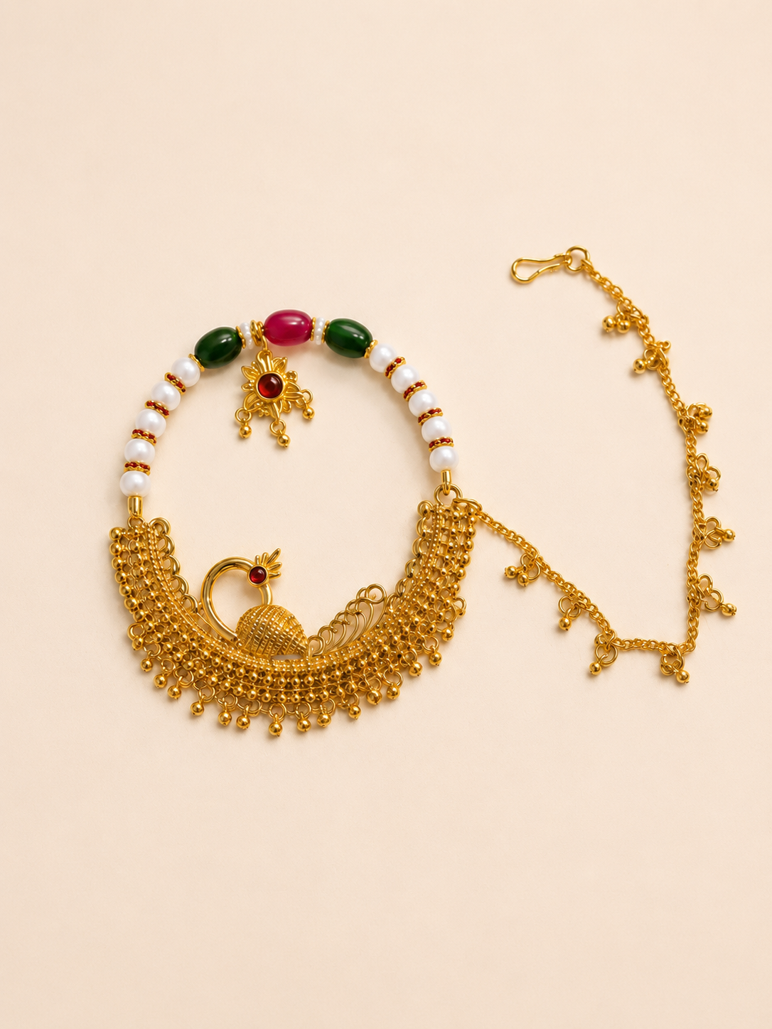Traditional Peacock Design Bridal Nath |  Pearl Beads & Gold-Tone