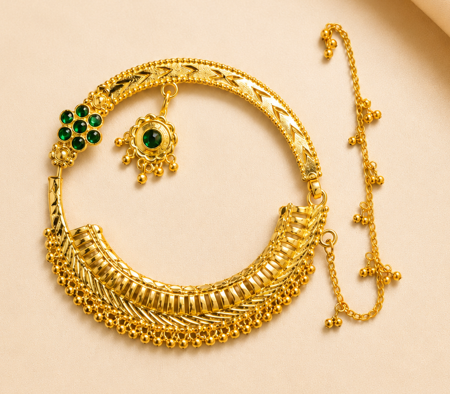 Traditional Nath – Gold-Tone Bridal Nose Ring with Adjustable Chain