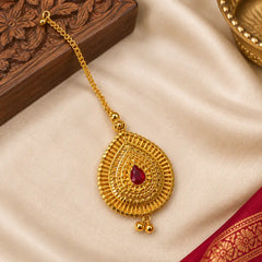 Traditional Pahadi Maang Tika with Red Stone & Ghungroo – Gold Finish | Mijaat