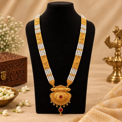 Pahadi white Rani Haar – 4 Line Pearl Chain with Gold Filigree Panels & Shield Pendant with Red Stone | Mijaat