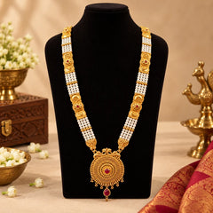Pahadi Rani Haar – 4 Line Pearl Chain with Red Stone Gold Disc Spacers & Sunburst Mandala Pendant | Mijaat
