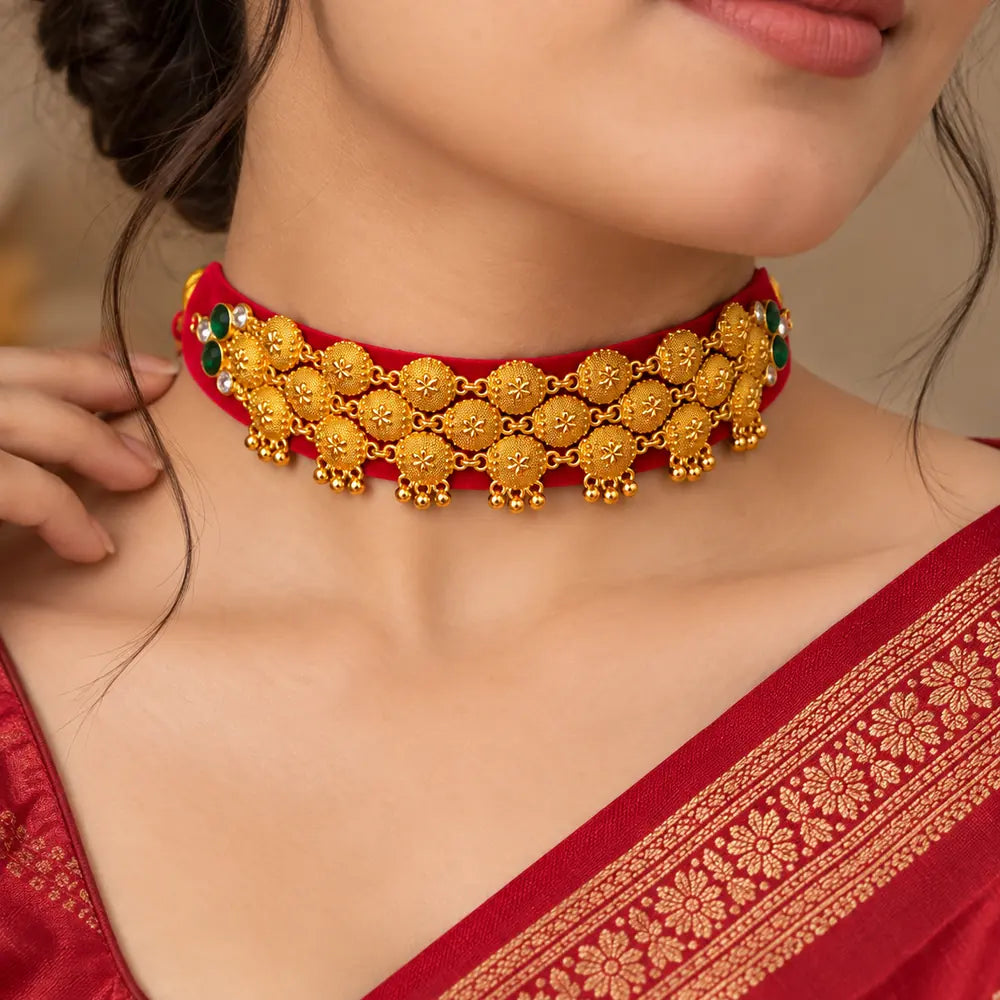 Pahadi Pauchi Style Galoband – Red Velvet Base with Gold Granulation & Kundan | Mijaat