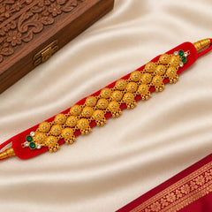 Pahadi Pauchi Style Galoband – Red Velvet Base with Gold Granulation & Kundan | Mijaat