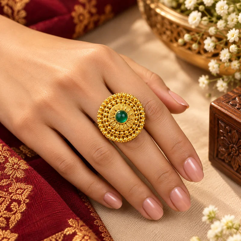 Pahadi Adjustable Ring – Gold Sunburst Granulation with Green Stone | Traditional Pahadi Jewellery | Mijaat