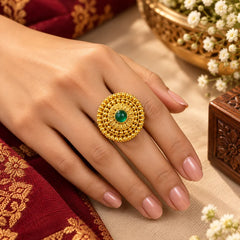 Pahadi Adjustable Ring – Gold Sunburst Granulation with Green Stone | Traditional Pahadi Jewellery | Mijaat