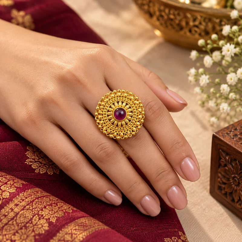 Pahadi Adjustable Ring – Gold Sunburst Granulation with Red Stone | Traditional Pahadi Jewellery | Mijaat
