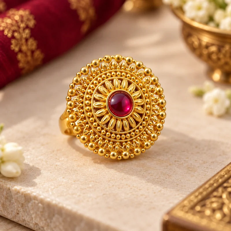 Pahadi Adjustable Ring – Gold Sunburst Granulation with Red Stone | Traditional Pahadi Jewellery | Mijaat