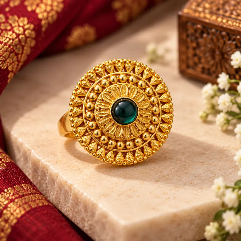 Pahadi Adjustable Ring – Gold Sunburst Granulation with Green Stone | Traditional Pahadi Jewellery | Mijaat