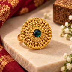 Pahadi Adjustable Ring – Gold Sunburst Granulation with Green Stone | Traditional Pahadi Jewellery | Mijaat