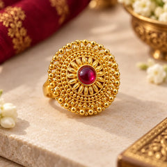 Pahadi Adjustable Ring – Gold Sunburst Granulation with Red Stone | Traditional Pahadi Jewellery | Mijaat